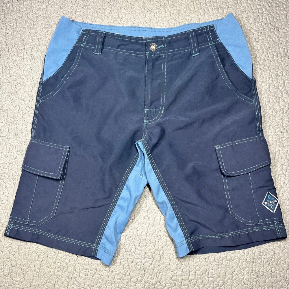 Prana Mens Cargo Board Shorts Navy Blue Outdoor Hiking Swimming Size 30